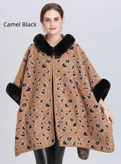 Loose Leopard Print Hooded Knitted Cloak Shawl Coat