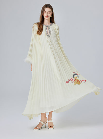 Diamond Beaded Feather Stitching Pleated Loose Dress