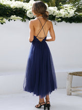 Sling Lace Up Back Gauze Short Dress