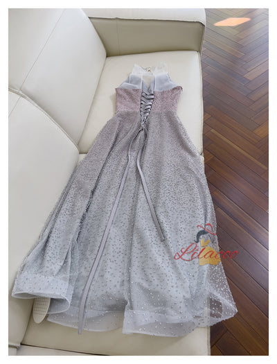 Gray Tulle Sequins Backless Prom Dress