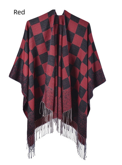 Fringed Shawl Fashion Plaid Split Cloak