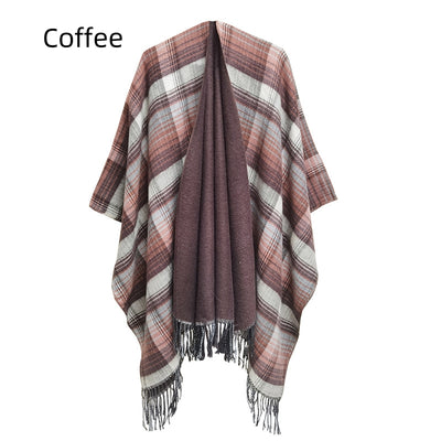 Checked Tassel Split Shawl