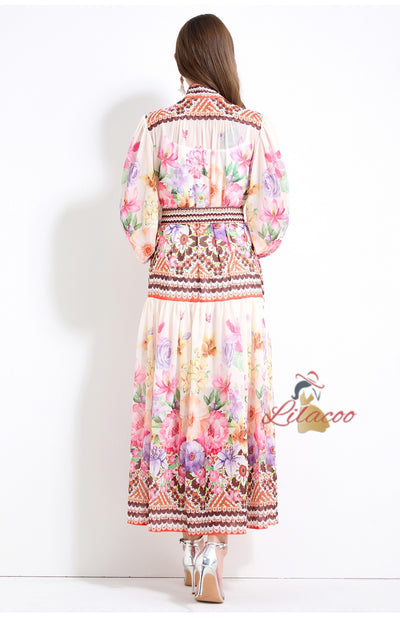 Palace Style Retro Flower Print Long Sleeves Dress