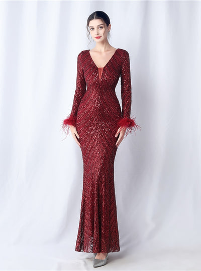 Long Sleeve Mermaid V-neck Prom Dress