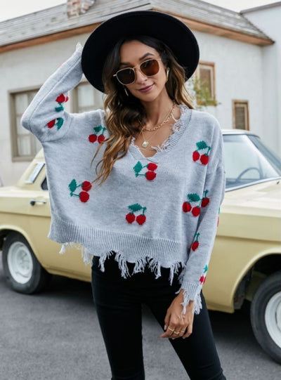 Women V-neck Fringed Sweater