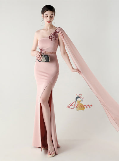 Mermaid One Shoulder Appliques Split Prom Dress