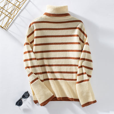 Lapel Striped High Neck Sweater