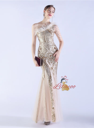 Mermaid Sequins One Shoulder Beading Prom Dress