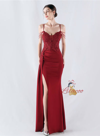 Mermaid Spaghetti Straps Beading Lace Prom Dress