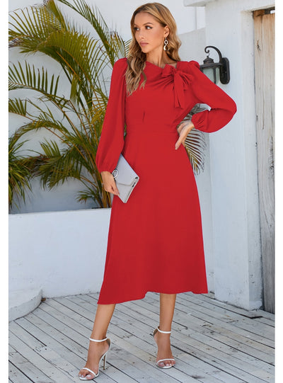 Long Sleeve Round Neck Bow Dress