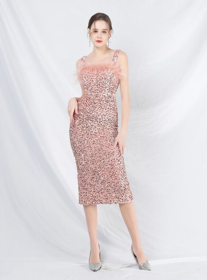 Sheath Straps Tea Length Prom Dress