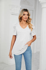 Loose Pleated V-neck Short Sleeve T-shirt
