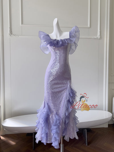 Purple Sequins Straps Prom Dress