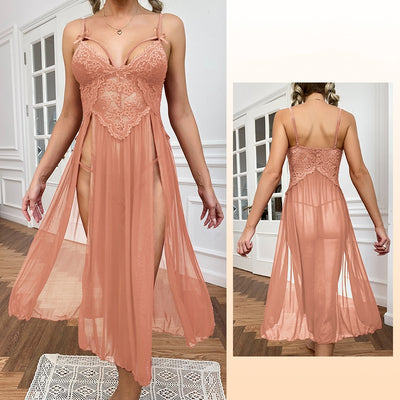 Sexy Gauze Deep V Lace Slit Suspender Pajamas