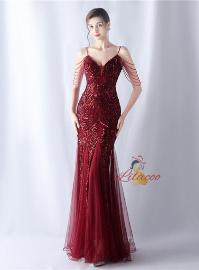 Sequins Tulle Straps Beading Prom Dress