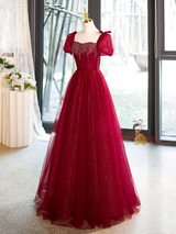 Burgundy Tulle Puff Sleeve Beading Prom Dress