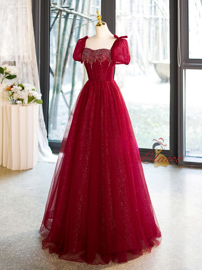 Burgundy Tulle Puff Sleeve Beading Prom Dress