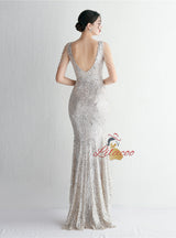 V-neck Sequins Hi Lo Beading Prom Dress