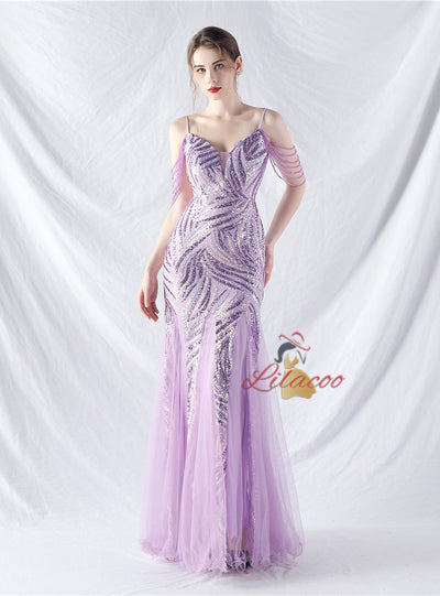 Spaghetti Straps Mermaid Sequins Tulle Beading Prom Dress