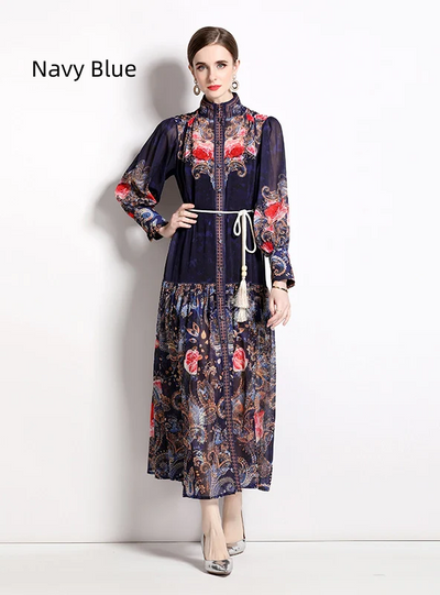 Holiday Style Retro Printed Long-sleeved Dress