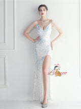 Spaghetti Straps Sequins Beading Prom Dress