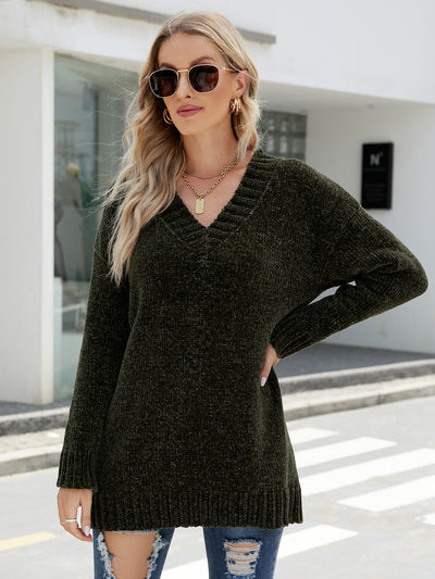 Fashion Long Sleeve V-neck Loose Pullover Sweater