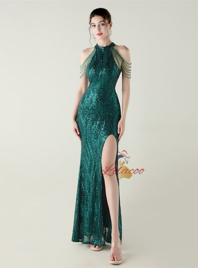 Mermaid Sequins Halter Backless Beading Prom Dress