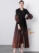 Gradual Disc Flower Lace-up Coat+Joker Straight Dress