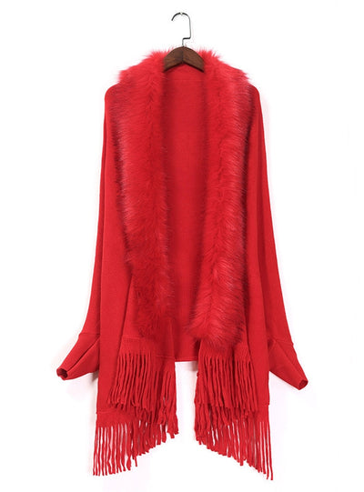 Large Size Fur Collar Fringed Cardigan Shawl Coat