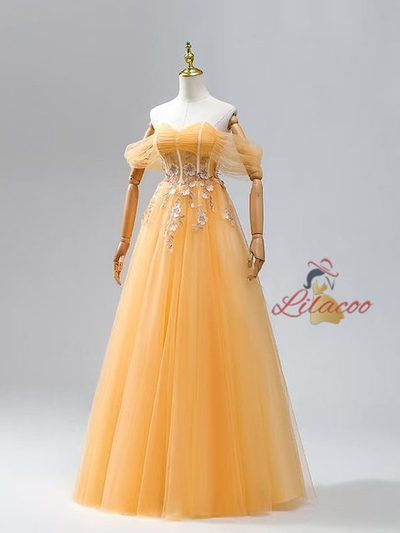 Orange Yellow Tulle Appliques Prom Dress