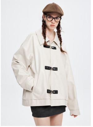 Button Lapel Long Sleeve Jacket PU Leather Coat