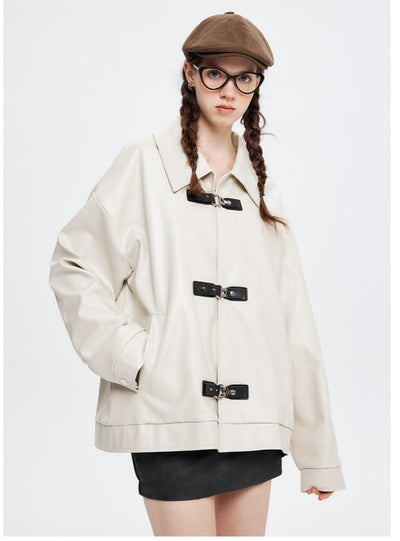 Button Lapel Long Sleeve Jacket PU Leather Coat
