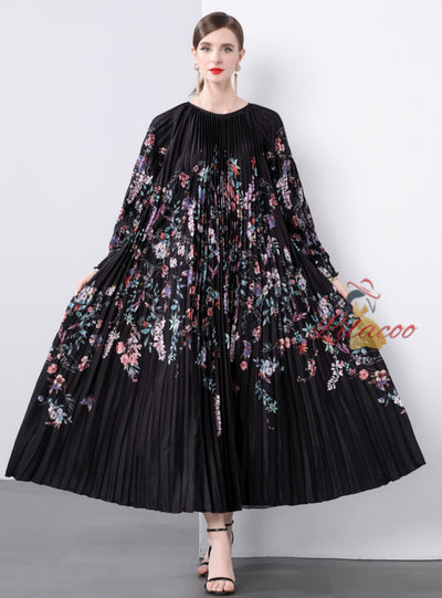 Pleated Print Oversized Pleated Dress
