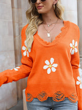 Hole Long Sleeve Loose Small Flower V-neck Sweater