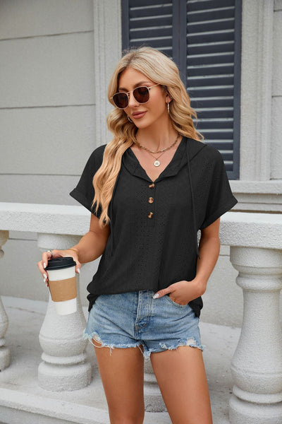 Solid Color Button Hooded Loose Short Sleeve T-shirt