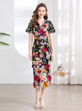 V-neck Bubble Sleeve Slim Three-dimensional Flower Dress