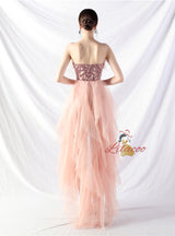 Hi Lo Tulle Strapless Sequins Prom Dress