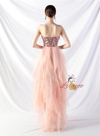 Hi Lo Tulle Strapless Sequins Prom Dress