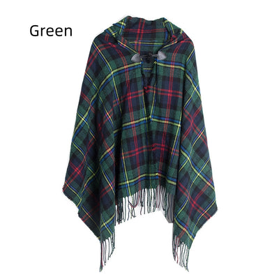 Checked Horn Buckle Hooded Shawl Cloak