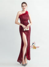 One Shoulder Sequins Split Prom Dress