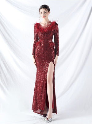 Long Sleeve Mermaid Sequins Split Prom Dress