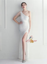 One Shoulder Sequins Beading Split Prom Dress