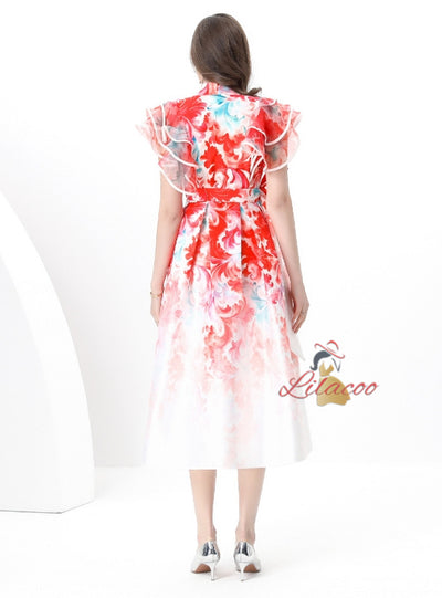 Lotus Leaf V-neck Slim Printed Long Dress