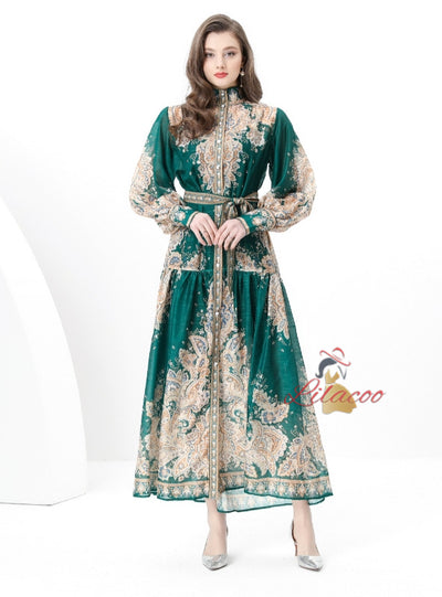 Palace Stand-up Printed Breasted Dress