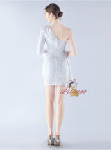 One Shoulder Long Sleeve Sequins Prom Dress