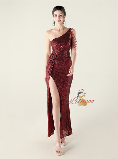 One Shoulder Mermaid Split Sequins Prom Dress