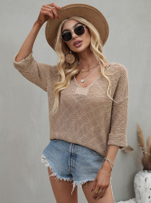 V-neck Loose Solid Color Pullover Sweater