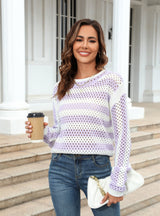 Hollow Striped Round Neck Long Sleeve Sweater