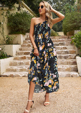 One Shoulder Printed Pocket Long Dress