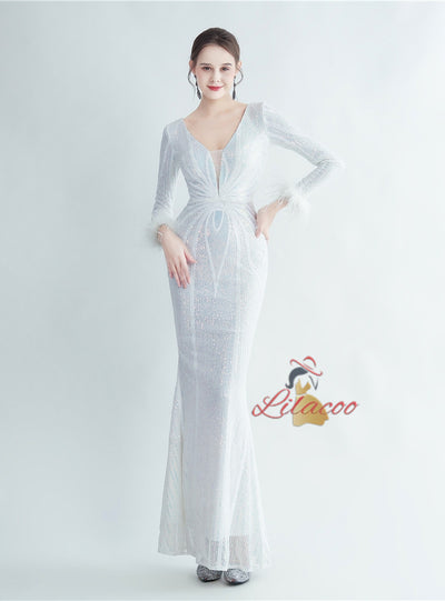 Long Sleeve Mermaid V-neck Sequins Prom Dress